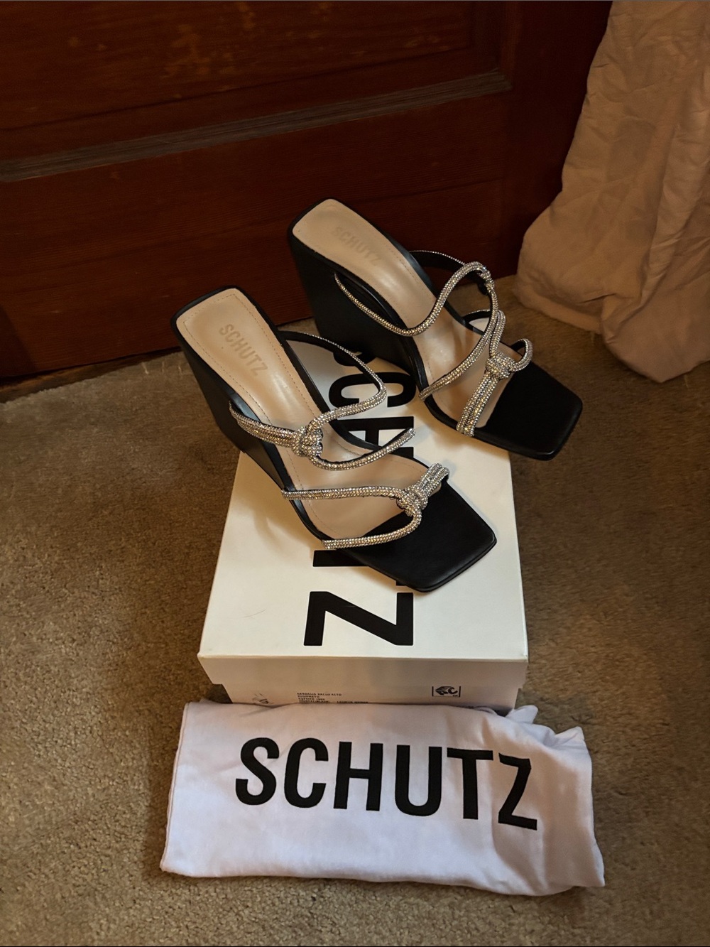 SCHUTZ Black Wedge Sandals with Rhinestone Straps